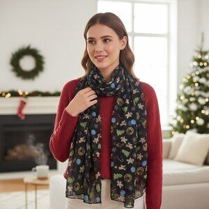 Christmas Holiday-Themed Black Sheer Scarf With Gingerbread & Ornament Print